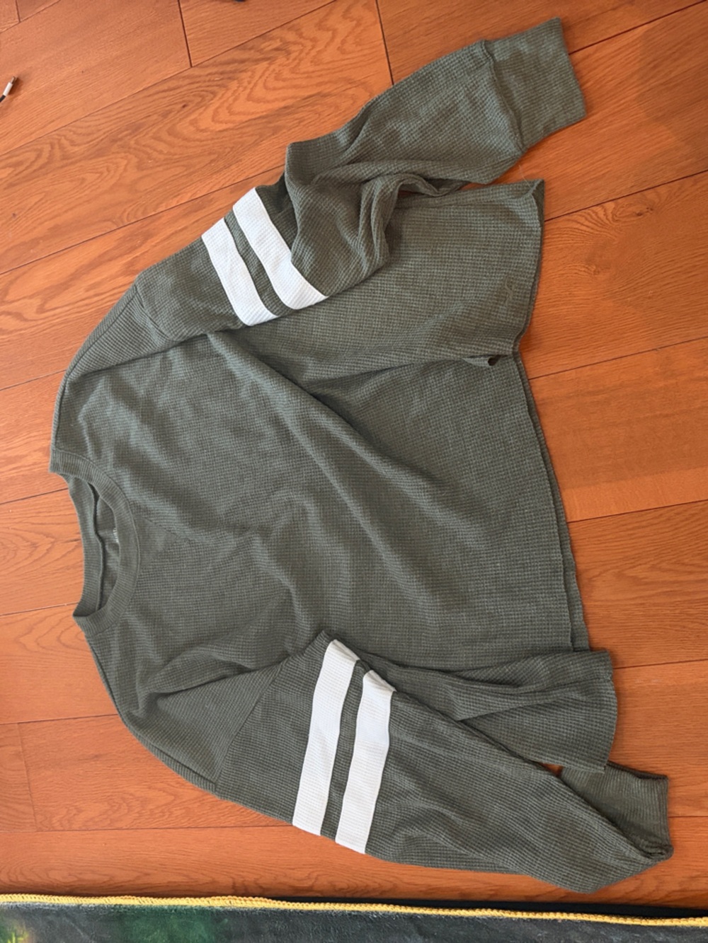 Waffle Knit Crewneck Sweater in Olive Green with White Sleeve Stripes